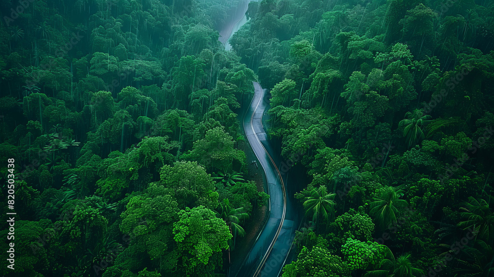 Canvas Prints A winding road through a lush green forest