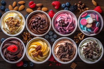 colorful art inspired food packaging for an ice cream parlor, featuring a dynamic image of ice cream topped with rich chocolate and nuts 