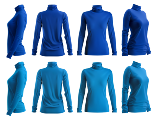  2 Set of woman dark light blue turquoise long sleeve turtleneck roll High neck top sweater tee t-shirt, front back side view on transparent cutout PNG file. Mockup template for artwork design