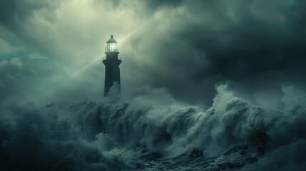 A lighthouse is in the middle of a stormy sea - Powered by Adobe