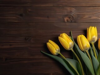 four yellow tulips lie in the right corner on a dark wooden background