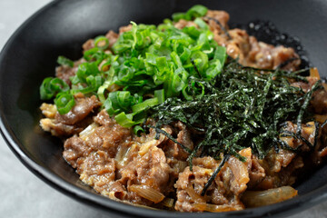 A closeup view of a bowl of gyudon.