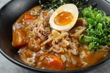 A closeup view of a bowl of beef curry.