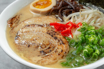 A closeup view of a tonkatsu ramen bowl.