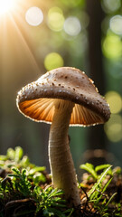 Fototapeta premium Beautiful close up of mushroom in forest, bokeh background