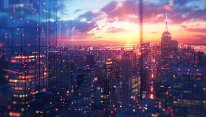 Fototapeta premium Capture the modern elegance of a skyscraper at dusk, selective focus, urban innovation, ethereal, overlay, city skyline backdrop