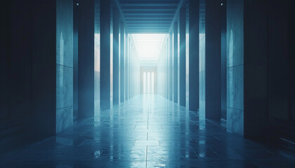 Show the abstract concept of liberty through open doors, selective focus, opportunity, realistic, overlay, infinite hallway backdrop
