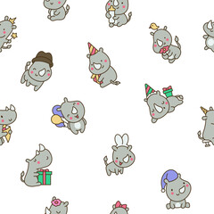 Cute kawaii rhino. Seamless pattern. Cartoon funny rhinoceros. Animal character. Hand drawn style. Vector drawing. Design ornaments.