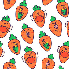 Kawaii carrot with funny faces. Seamless pattern. Cute cartoon happy food characters. Hand drawn style. Vector drawing. Design ornaments.