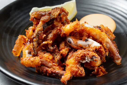 A closeup view of a bowl of ika geso.