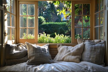 Sunlit window seat with plush cushions overlooking a garden.