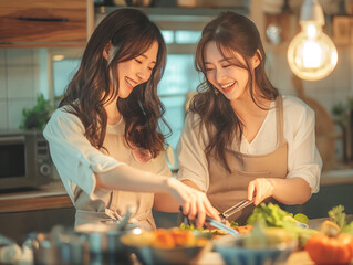 Fototapeta premium Pride ,female couple cooking together in a cozy kitchen. Capture their joyful expressions and the loving connection between them 