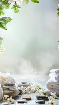 luxurious spa vertical video background with candles, rolled towels, and flowers, serene atmosphere for relaxation and wellness, concept for spa retreats, beauty salons, wellness centers.