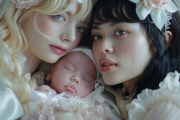 Japanese women, each dressed in playful maid Lolita cosplay outfits,cradle their newborn baby between them