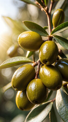 Olive tree with fruit. Bokeh effect in the background. Macro closeup. The olive, known by the botanical name Olea europaea, meaning "European olive"