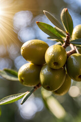 Olive tree with fruit. Bokeh effect in the background. Macro closeup. The olive, known by the botanical name Olea europaea, meaning "European olive"