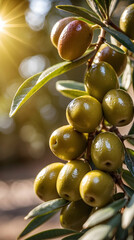 Olive tree with fruit. Bokeh effect in the background. Macro closeup. The olive, known by the botanical name Olea europaea, meaning "European olive"