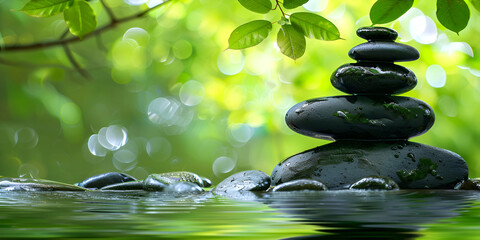 Zen stones in a reflective water setting with bamboo and soft greenery in the background, a spa and...