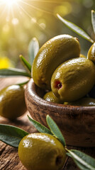 Fresh olive fruits with green leaves in olive bowl on wooden table