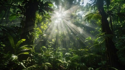 Obraz premium Sunlight filtering through a dense forest canopy, creating a mesmerizing play of light and shadow on the forest floor.