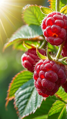 branch of ripe raspberries in a garden on blurred green background