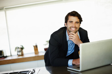 Notification, businessman and laptop portrait in office for planning, research or campaign...