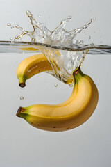 fresh banana with floating splash water on white background