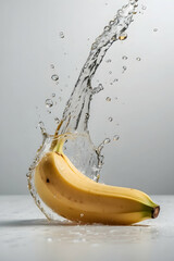 fresh banana with floating splash water on white background