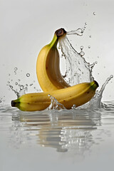 fresh banana with floating splash water on white background