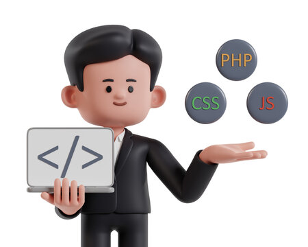 Man standing holding laptop while showing programming language software, programming language concept 3d illustration on white background