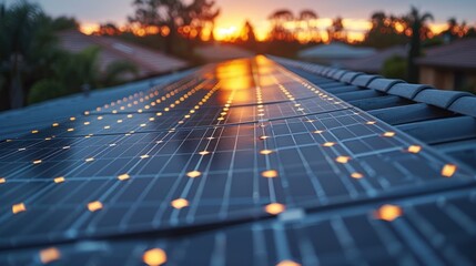 Close-up of a robot accurately installing curved solar tile panels on a sleek roof