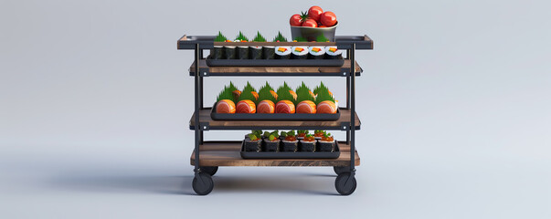 Naklejka premium Onthego sushi trolley flat design, front view, industrial theme, 3D render, tetradic color scheme