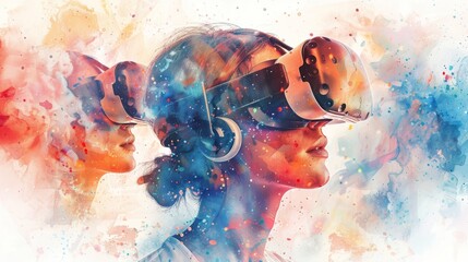 The image is of a watercolor painting of a woman wearing a virtual reality headset