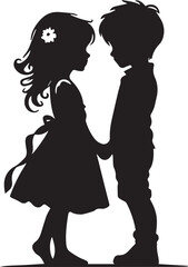 Black and white silhouette of two children holding hands, depicting young love with a charming and innocent feel.
