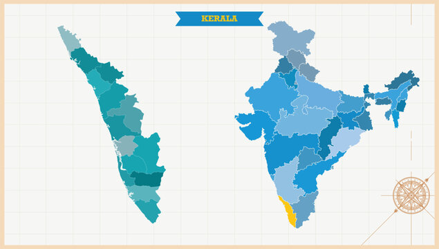 A Map highlighting Kerala in the India Map, Kerala and India modern map with Colorful Hi detailed Vector, geographical borders