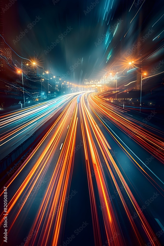 Poster Captivating Light Trails and Motion Blur on a Bustling City Highway at Night