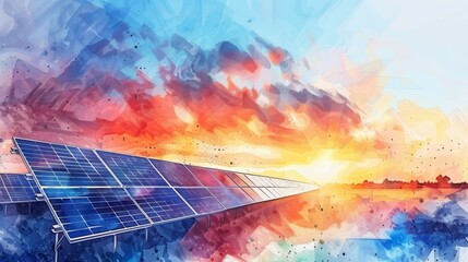 The image shows a beautiful watercolor painting of a solar field