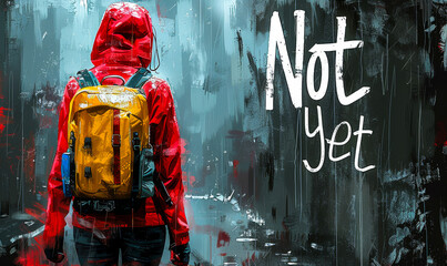 Hiker with Yellow Backpack in Red Raincoat Facing Abstract Graffiti Wall with Motivational Phrase Not Yet in Urban Setting, Dramatic Lighting, Artistic Concept