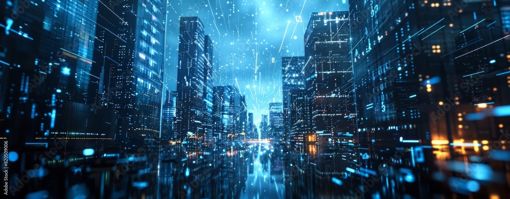 Poster abstract digital background with blue lights and binary code, glowing cityscape night sky in the sty