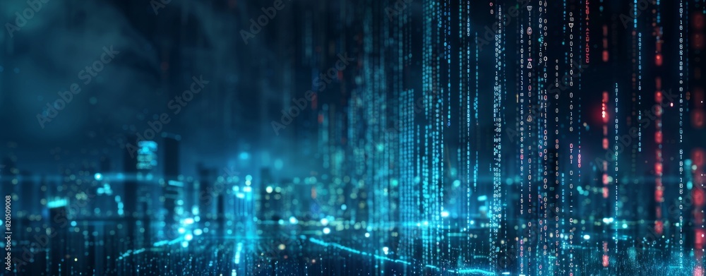 Poster abstract digital background with blue lights and binary code, glowing cityscape night sky in the sty