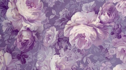 Soft lilac hue with elaborate floral patterns blooming across.