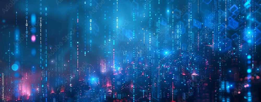 Aufkleber abstract digital background with blue lights and binary code, glowing cityscape night sky in the sty
