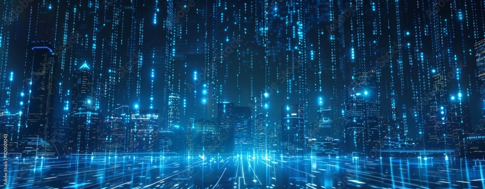 Poster abstract digital background with blue lights and binary code, glowing cityscape night sky in the sty