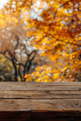 A wooden desk top with blurred background of maple tree with autumn foliage. Good for background 