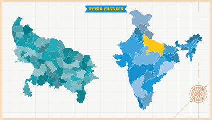 A Map highlighting Uttar Pradesh in the India Map, Uttar Pradesh and India modern map with Colorful Hi detailed Vector, geographical borders