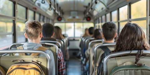 High school students on a school bus heading to school. Concept School Bus, High School Students, Morning Commute, Back to School, Daily Routine