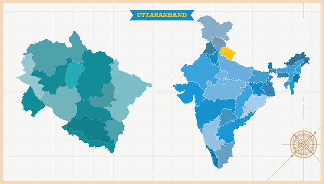 A Map highlighting Uttarakhand in the India Map, Uttarakhand and India modern map with Colorful Hi detailed Vector, geographical borders
