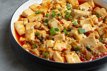 A view of a plate of mapo tofu.
