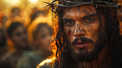 front wide view of Jesus Christ with crown of thorns, Jesus Christ with blood running down his forehead, a warm sun illuminates his face, background of people watching Jesus Christ