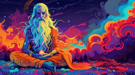 Mystical Bearded Sage Meditating in a Psychedelic Cosmic Landscape with Vivid Colors and Ethereal Elements